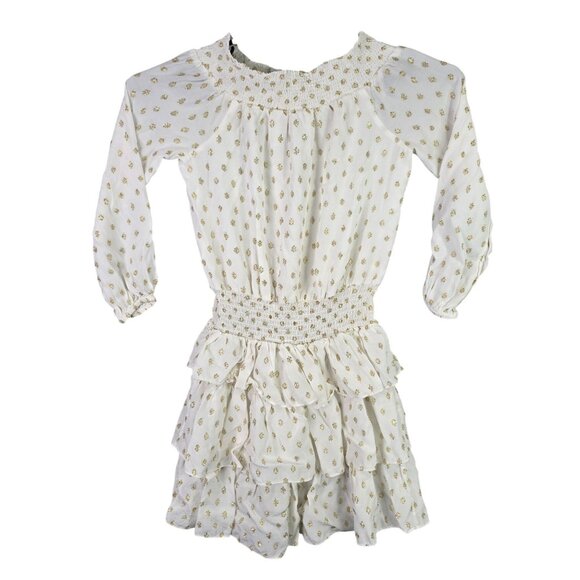 Womens Michael Kors Gold Metallic Polka Dot Smocked Ruffle Dress Viscose Blend S - Picture 1 of 8